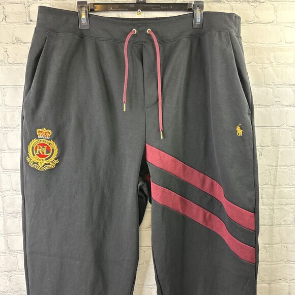 POLO Ralph Lauren Men Embroidered Gold Crest Logo Jogger Pants Black Maroon 2XLT - Picture 3 of 15
